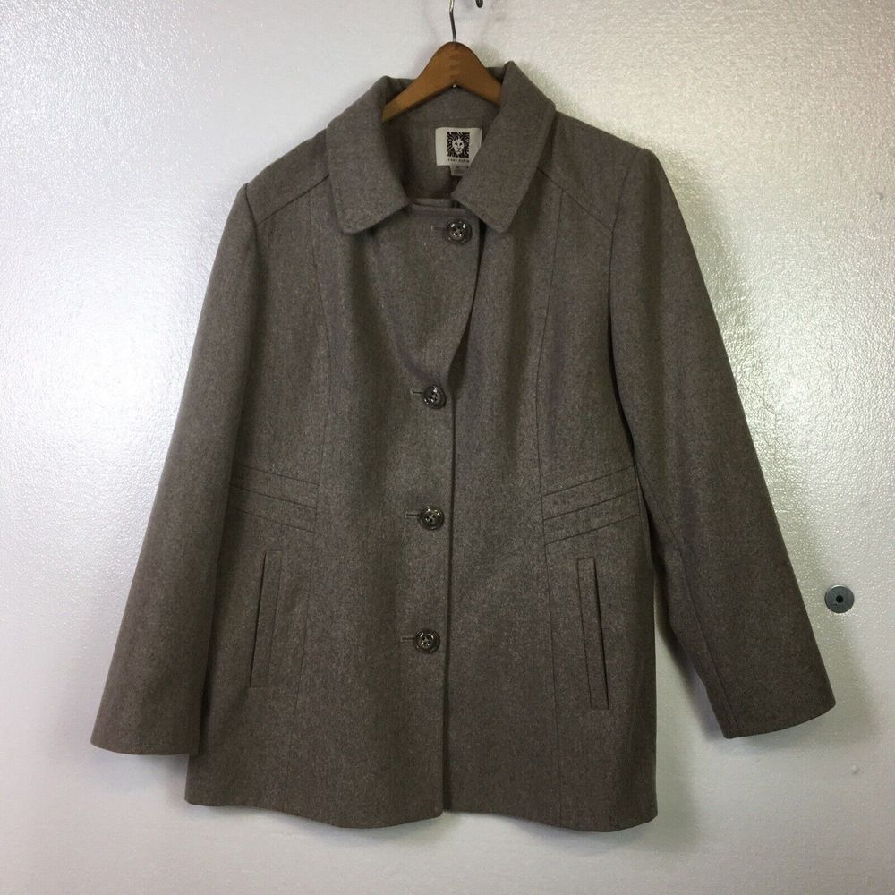 Anne Klein Wool Blend Pea Coat Womens Sz XL Gray Med Length Dress Jacket